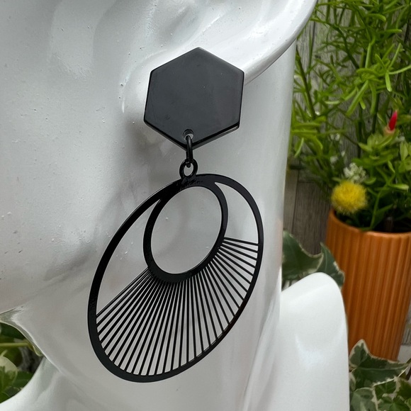 Black Art Deco Geometric Classic Dangle Earrings - Minimalist Statement Earrings - Picture 11 of 14